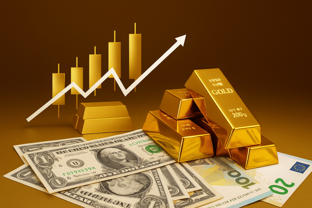 Stacked gold bars on dollar and euro bills with a rising candlestick chart and upward arrow, symbolizing gold investment growth and market performance.