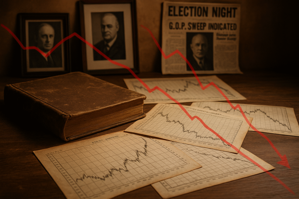 A vintage desk scene featuring an old ledger book and historical stock market charts, overlaid with a red downward trend line. In the background are sepia-toned portraits of political figures and a newspaper with a headline about election results, all softly lit to convey a sense of economic caution tied to political events.