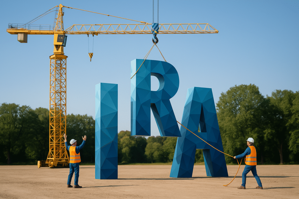 IRA A wide-angle, photorealistic image of a construction site where a tall yellow crane hoists the letter