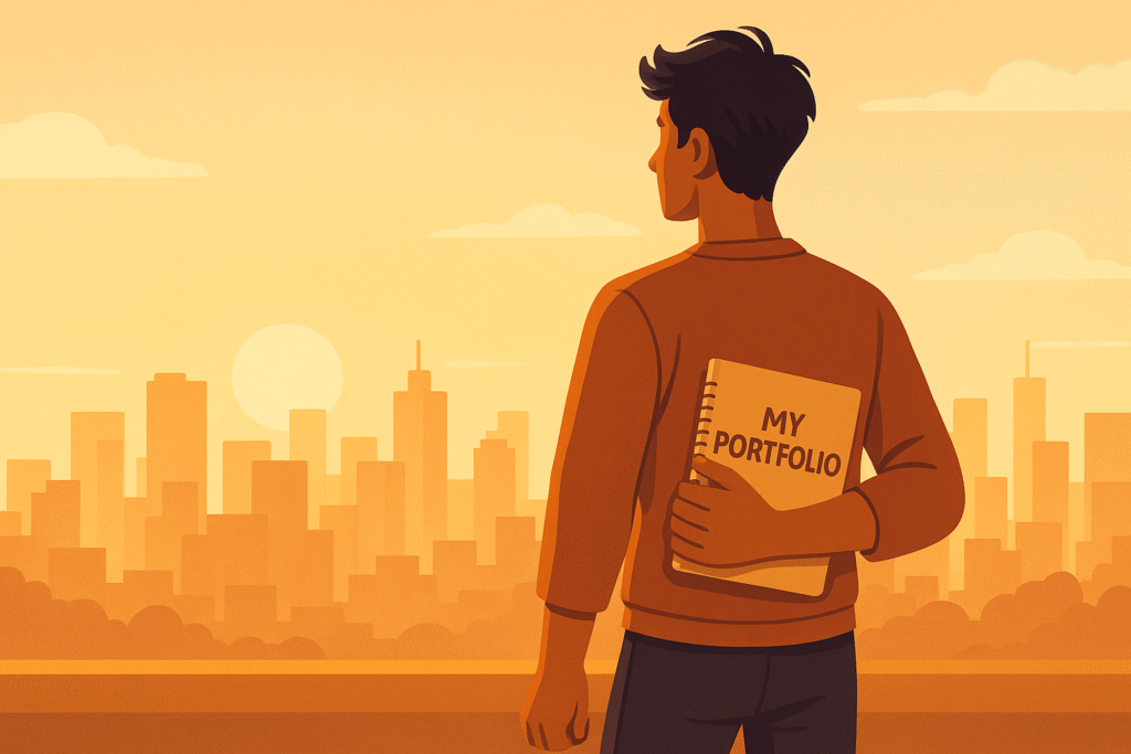 Investor looking out over city at sunrise, holding a personal portfolio journal, symbolizing confidence and a fresh financial start.