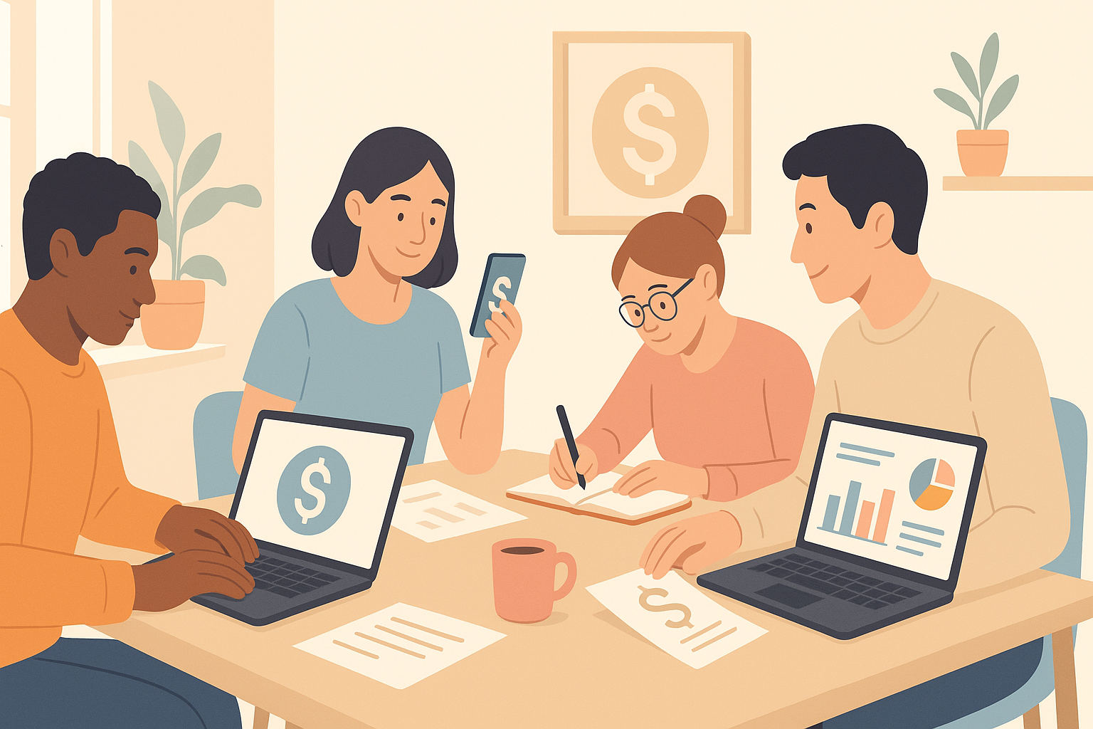 People managing money together using digital tools in a bright workspace.