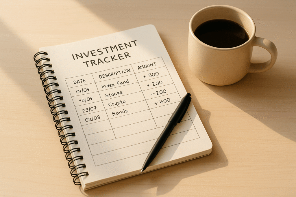 Investment journal with handwritten entries, black pen, and beige coffee mug on a tidy wooden desk, softly lit by sunlight from the side, evoking calm productivity.