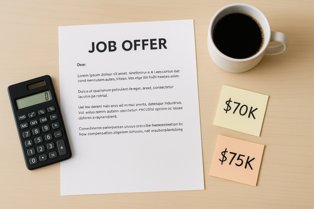 Desk with job offer and salary planning notes.