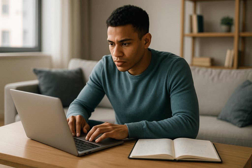 Person researching salary data in a cozy workspace.