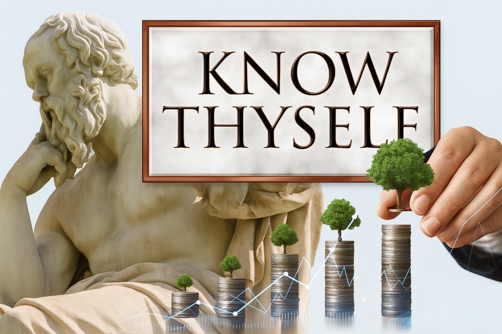 Marble philosopher statue, “Know Thyself” sign, and stacked coins with trees convey wisdom, self-awareness, and investment growth against a soft blue background.