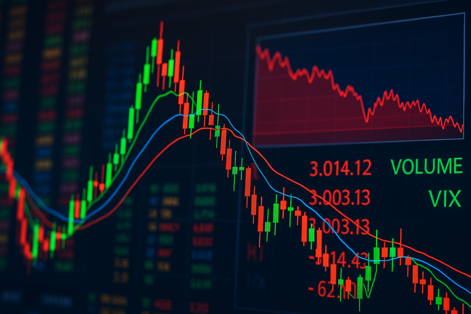 Financial chart with candlesticks, moving averages, and VIX index, showing market volatility and price decline on a digital screen.