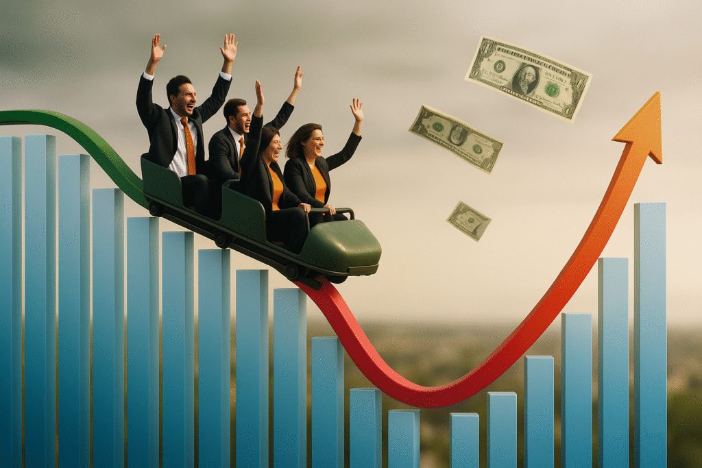 Roller coaster with businesspeople riding a colorful market graph as dollar bills float through the air, symbolizing volatility and financial opportunity. 