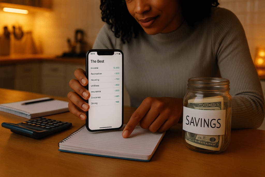 A young African American woman sits at a warmly lit kitchen table in the evening, holding up a smartphone displaying a budgeting app. The app screen shows financial categories like Income, Recreation, Housing, Utilities, and Dining with corresponding values. In front of her is a spiral notebook, a black and blue calculator, and a clear glass jar labeled "SAVINGS" filled with U.S. dollar bills. She is gently pointing to the notebook, indicating focus on financial planning. micro-habits to save money