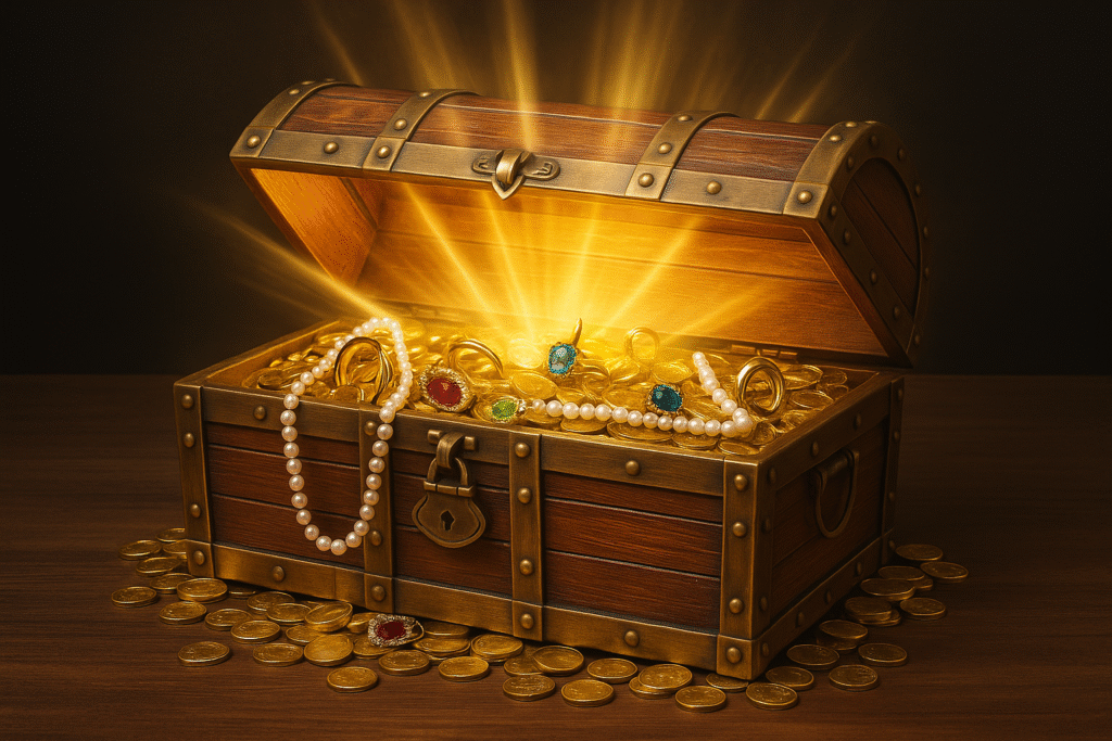 Open Treasure Chest. Shocking secrets about Traditional IRAs A photorealistic image of an open treasure chest made of dark wood and brass, overflowing with gleaming gold coins, pearl necklaces, and gemstone rings. A radiant golden glow emanates from within the chest, casting warm light onto a polished wooden surface, with a softly blurred background for visual emphasis.