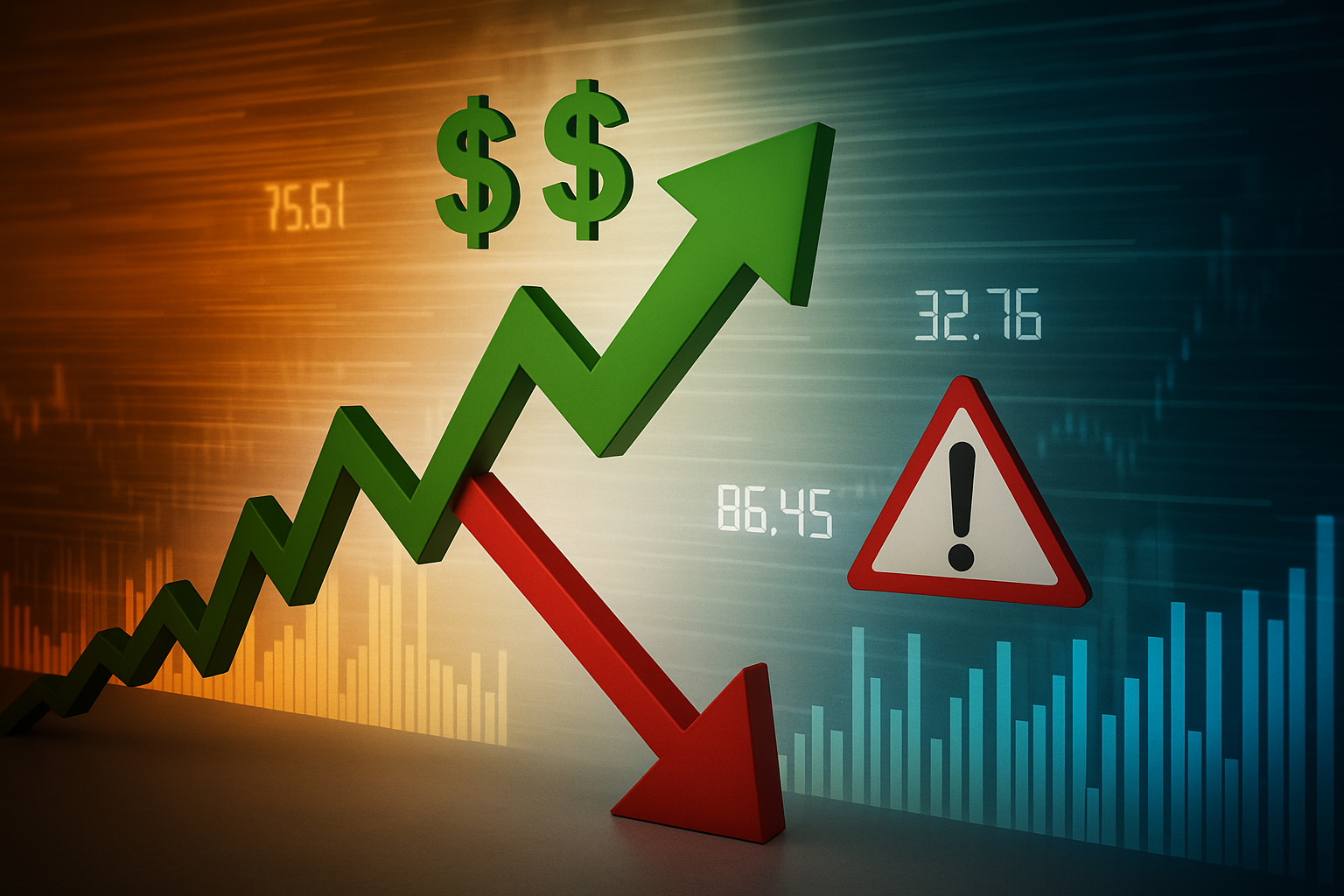 Green upward arrow with dollar signs and red downward arrow with warning symbol over financial charts, illustrating the risks and rewards of options trading.