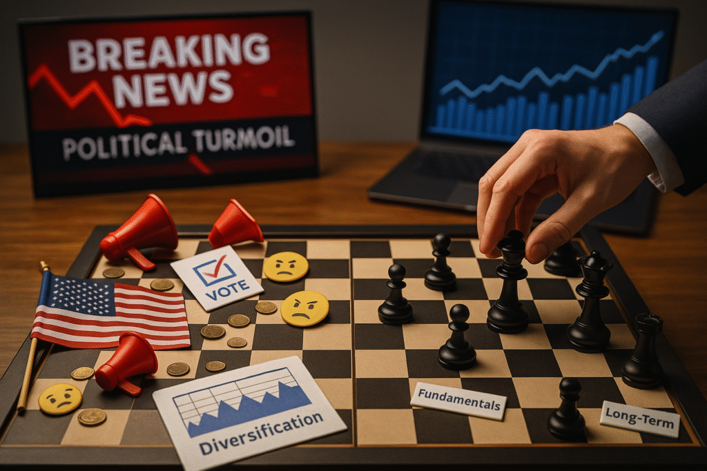 A chessboard divided between political chaos and strategic investing. On the left, flags, megaphones, and emotional emojis scatter among coins under a screen showing “Political Turmoil.” On the right, a hand moves a chess piece labeled “Fundamentals” toward pieces marked “Diversification” and “Long-Term,” with a financial chart screen in the background, symbolizing rational, data-driven investment.