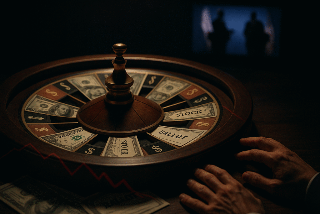  A dramatic, eye-level photo of a roulette wheel filled with dollar bills, stock certificates, and ballot slips instead of numbers. A pair of hesitant hands hovers over the wheel, with a televised political debate blurred in the background—symbolizing the risky gamble of investing based on political outcomes.