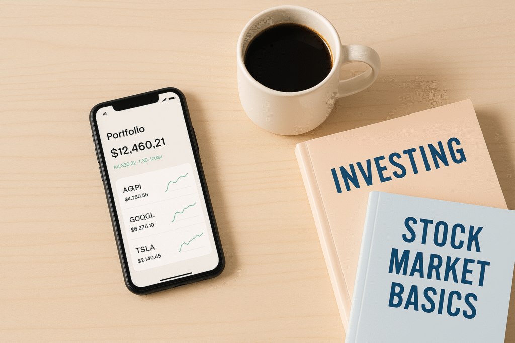 Top-down view of investing app next to coffee and books.