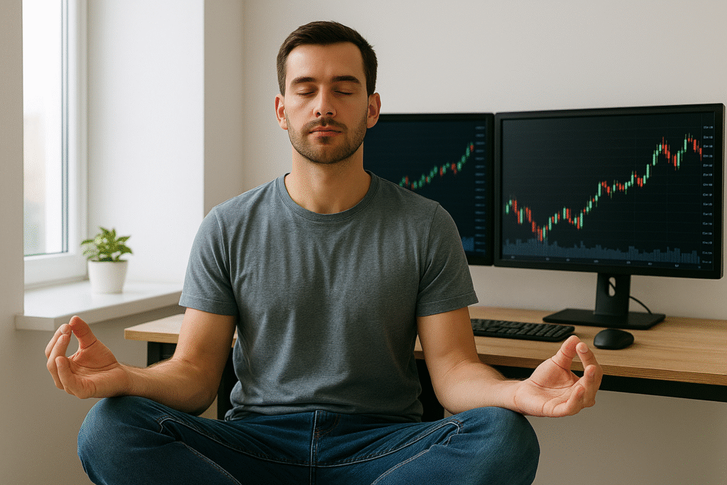 Positive trading Mindset A calm trader sits cross-legged with eyes closed in front of dual monitors displaying stock charts, meditating beside a sunlit window—symbolizing emotional balance in trading.