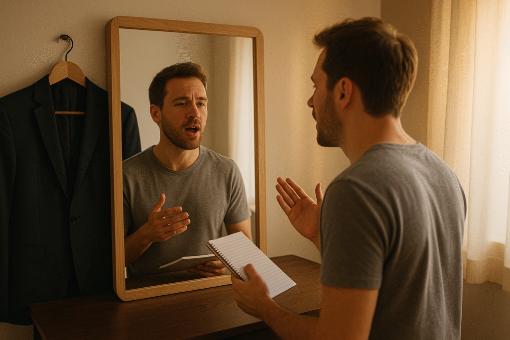 Man rehearsing negotiation lines in front of mirror, suit hanging nearby, morning routine vibe, warm light.