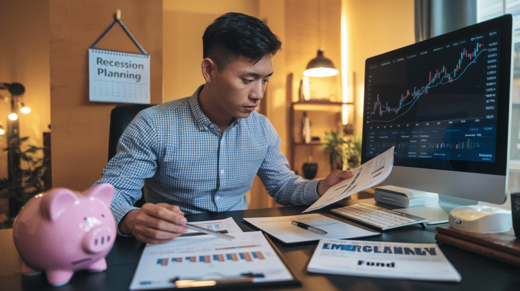 A man in a checkered shirt sits at a desk analyzing financial documents, with a computer screen displaying stock market charts in front of him. A pink piggy bank, notepads, and a newspaper with the headline “EMERGENCY Fund” are on the desk. Behind him, a calendar on the wall reads "Recession Planning," indicating a focus on financial preparedness.