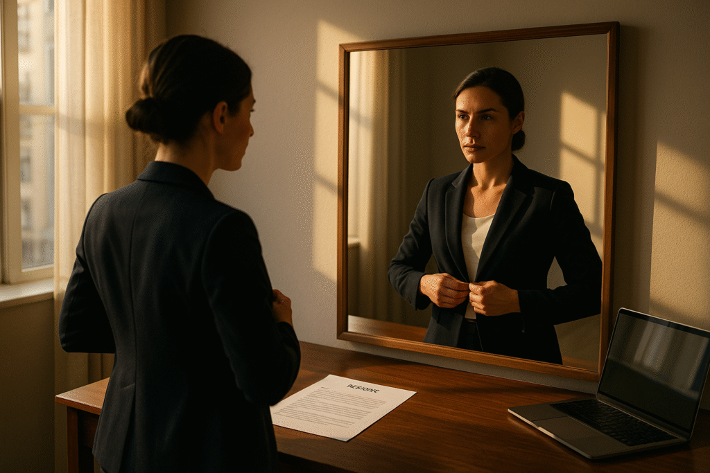 Confident woman adjusts blazer in front of a mirror, morning light casting shadows; a laptop and resume rest on a wooden desk, symbolizing readiness and self-worth.