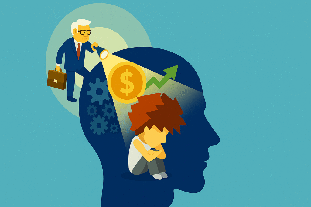 Illustration of a thoughtful person in a head silhouette, with a Warren Buffett figure shining a light on investing symbols like a dollar sign and upward arrow.