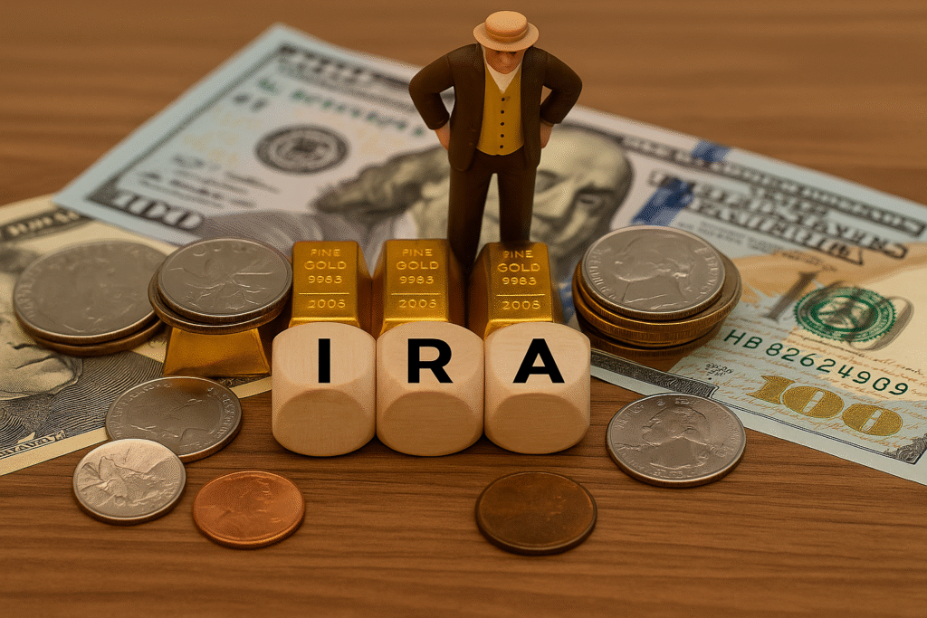 A photorealistic image featuring three wooden blocks spelling “IRA” in front of several gold bars, stacks of silver coins, and U.S. dollar bills. A small figurine of an elderly man stands atop the gold bars, all arranged neatly on a wooden surface, symbolizing investment and retirement planning. A photorealistic image featuring wooden blocks spelling "IRA" placed on a polished wood surface, surrounded by silver coins, stacks of cash, and miniature gold bars. A small elderly figurine stands atop the gold bars, and a round “RETIREMENT” icon with a rocking chair symbol rests in the lower-left corner, symbolizing financial security and retirement planning. Shocking secrets about Traditional IRAs