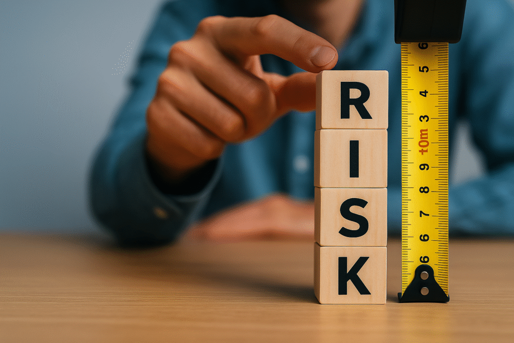 A horizontal image showing wooden blocks stacked to spell "RISK" next to a yellow tape measure, with a hand reaching out in the background, set on a wooden surface under natural lighting.