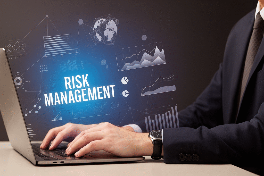 Risk Management A business professional in a suit typing on a laptop with "Risk Management" displayed on the screen, surrounded by floating data charts and graphs.