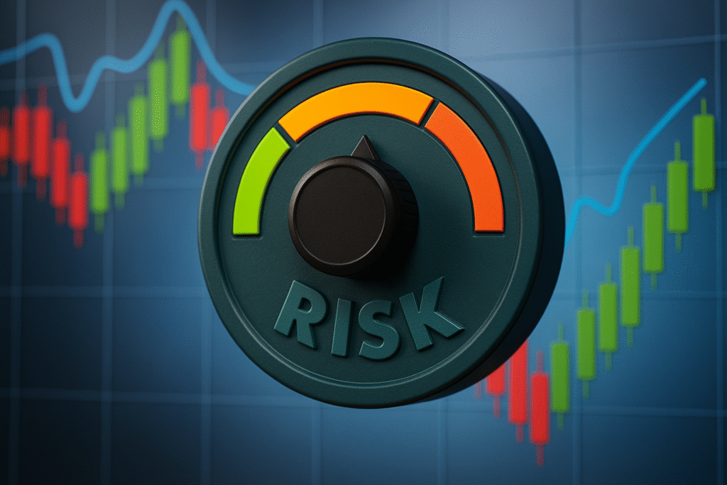 Risk Meter A realistic photo of a risk dial pointing to high risk, overlaid on a stock trading screen with candlestick patterns and a rising blue trend line.