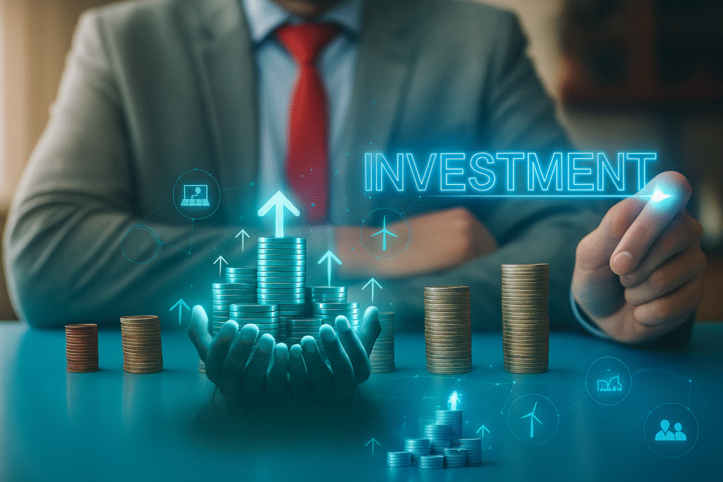 Businessman in suit with stacked coins and glowing digital arrows, symbolizing investment growth and financial planning through futuristic technology and wealth-building strategy.