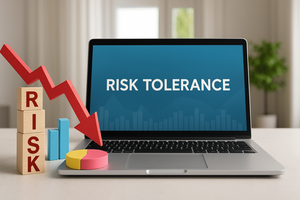 A modern workspace with a laptop displaying "RISK TOLERANCE," surrounded by wooden blocks spelling "RISK," a red downward arrow, bar graphs, and a pie chart.