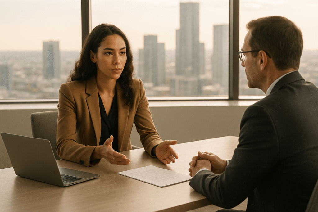 Confident professional negotiating salary in a modern office.