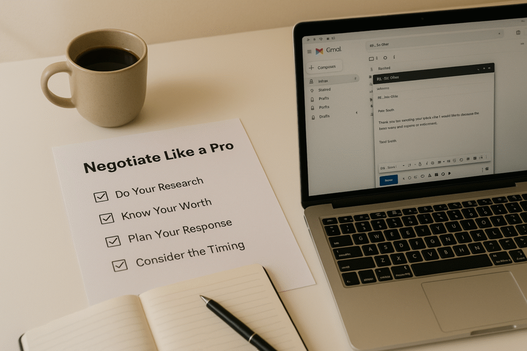 Checklist and email draft for a salary negotiation.