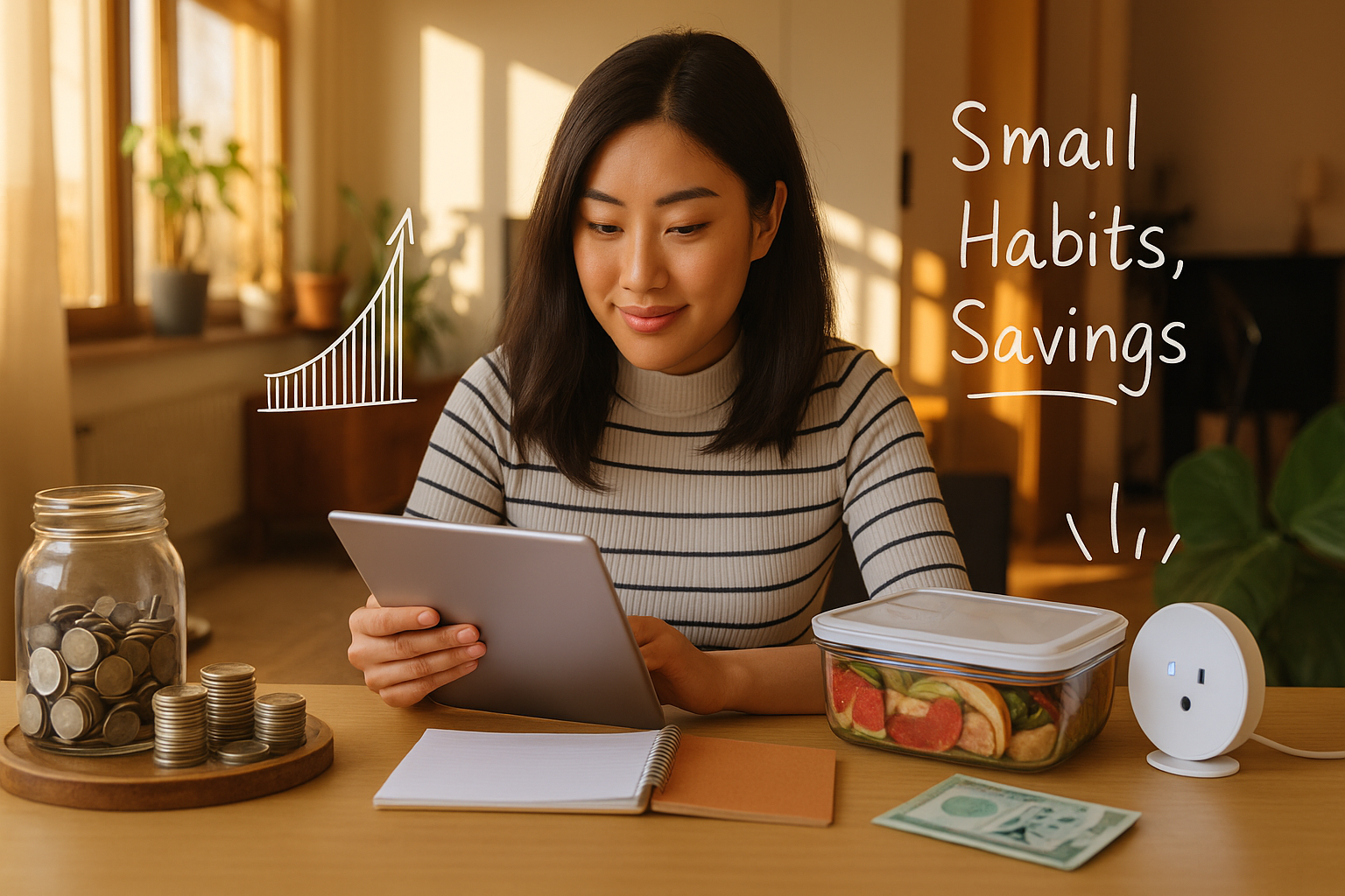 A young woman sits at a sunlit table, smiling as she looks at a tablet. Surrounding her are a jar of coins, a notebook, a glass container of sliced fruit, and a power-saving device. Hand-drawn illustrations show a rising graph and the words "Small Habits, Savings," emphasizing financial mindfulness and daily money-saving routines.