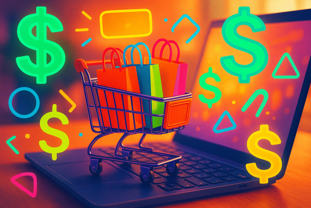 Mini shopping cart with colorful paper bags on a laptop keyboard, surrounded by neon dollar signs and shapes, symbolizing online shopping, spending, and digital transactions.
