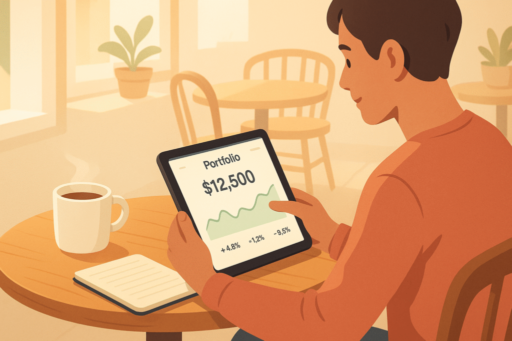 Person reviewing investments at a cafe using a tablet.