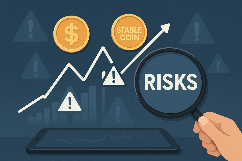 A digital illustration of a magnifying glass over the word “RISKS” with stablecoin icons, warning signs, and a fluctuating line chart on a dark background.