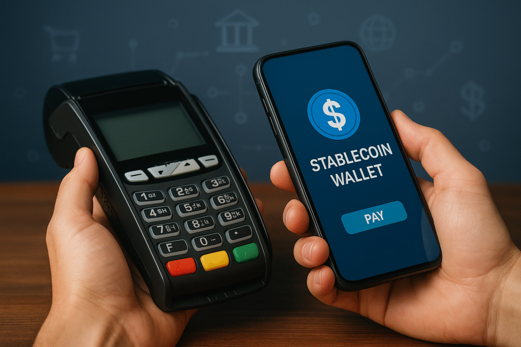 A close-up photo of hands holding a smartphone displaying a stablecoin wallet app and a payment terminal, symbolizing digital payments using stablecoins.
