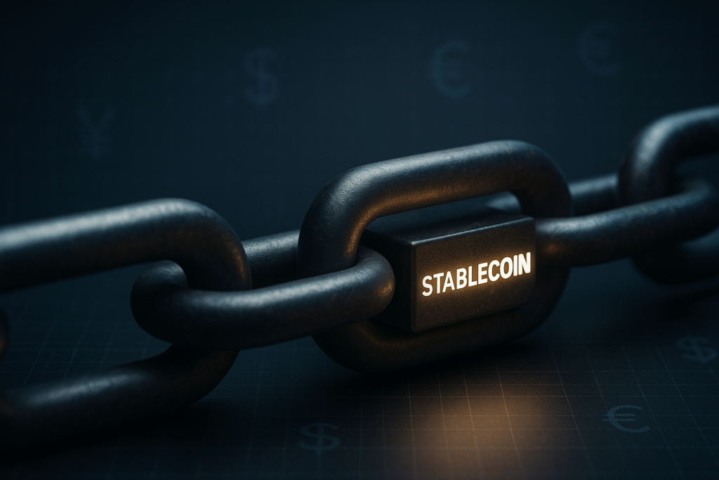 A close-up of a glowing "STABLECOIN" link in a metallic blockchain chain against a dark blue background with faint currency symbols, symbolizing crypto stability and connection.