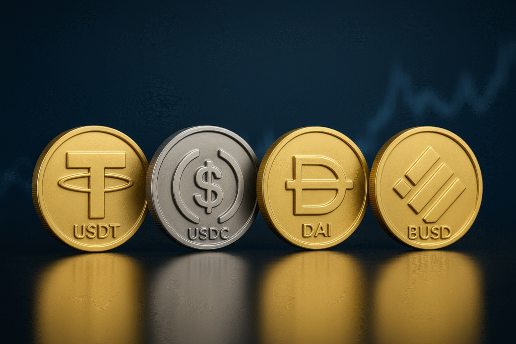 A photorealistic image of four stablecoins—USDT, USDC, DAI, and BUSD—lined up on a reflective surface with a dark blue background featuring faint financial chart lines.