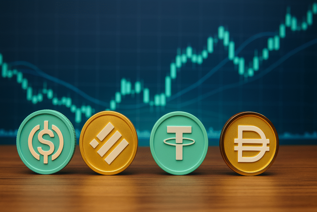 Stablecoin tokens on a wooden surface with a financial chart backdrop in DSLR-quality lighting.