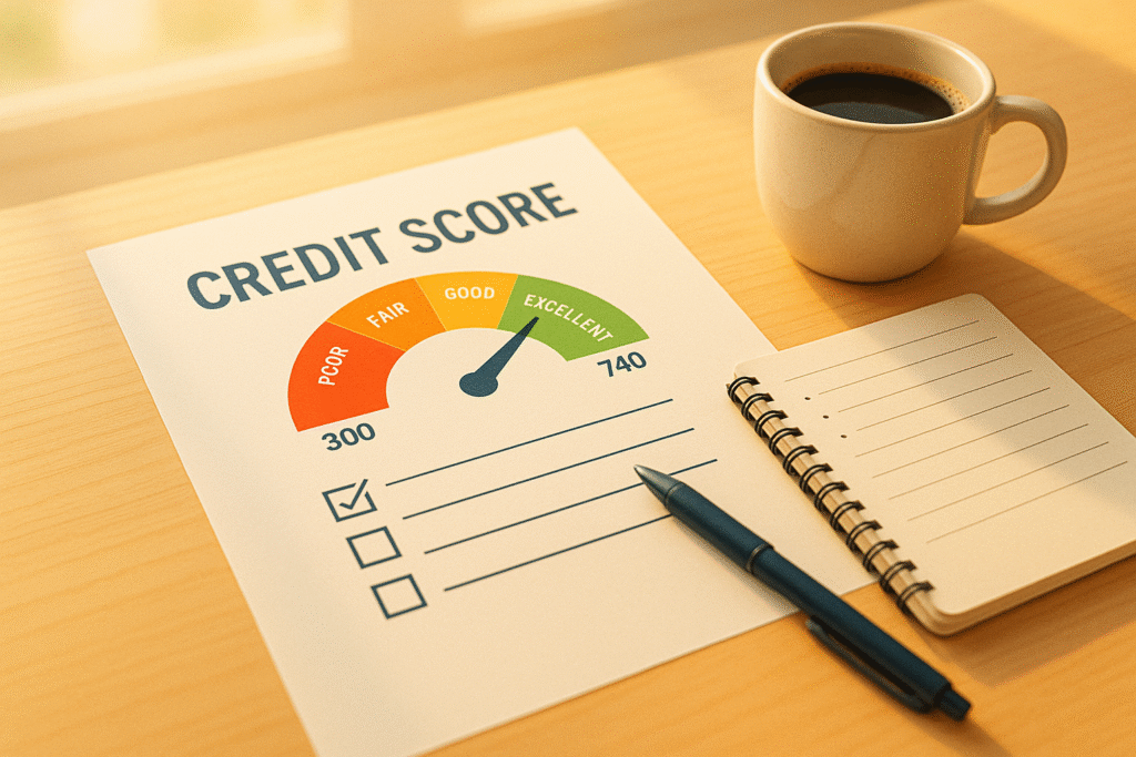 Credit score chart with checklist, pen, and coffee mug on a sunlit wooden desk, representing financial planning and credit health in a modern workspace.