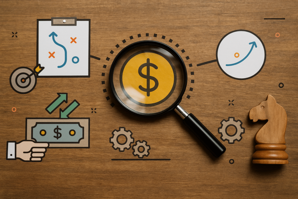 Strategy Photorealistic image of a magnifying glass focusing on a dollar symbol, surrounded by icons representing strategy, financial planning, and decision-making on a wooden surface.