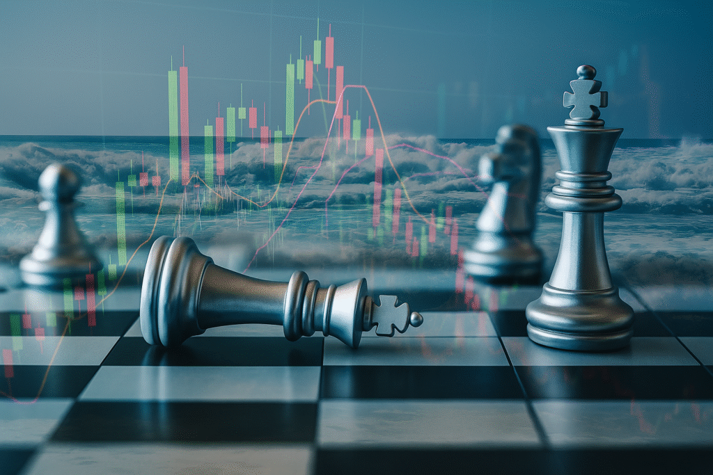  Chess pieces on a board overlaid with ocean waves and a financial candlestick chart, symbolizing risk, strategy, and volatility in investment decisions.