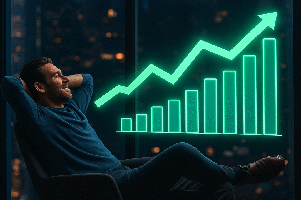 Man in dark office chair relaxing with hands behind head, looking at glowing green rising bar chart on window with city lights at night.