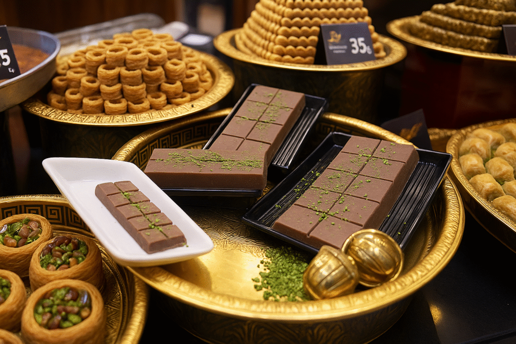 A luxurious display of Middle Eastern sweets on ornate golden trays, featuring large pistachio-topped chocolate bars, spiral-shaped pastries, and nut-filled baklava. The image is captured at eye level with warm, photorealistic lighting, creating a rich and harmonious visual composition ideal for a food-focused blog.