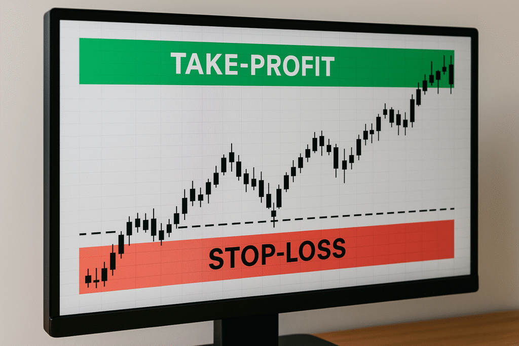 Take Profit - Stop Loss Monitor displaying a candlestick chart with green “TAKE-PROFIT” and red “STOP-LOSS” zones clearly marked, representing visual risk boundaries in trading.