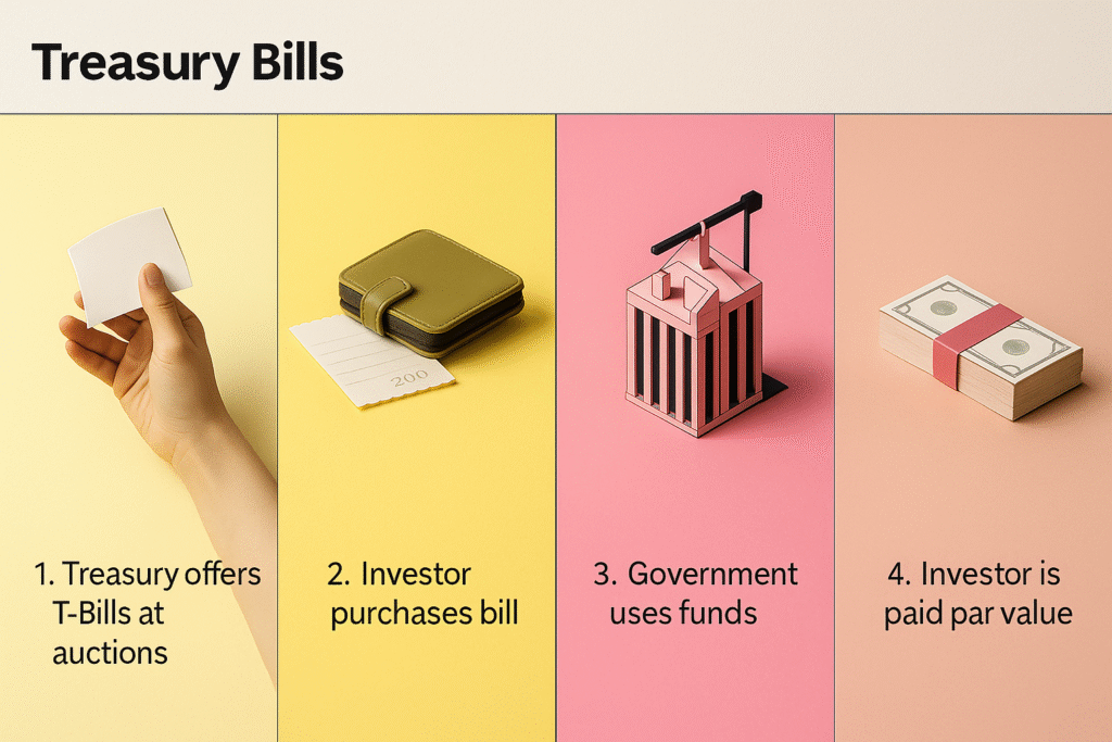 A step-by-step infographic in natural lighting showing the Treasury Bill process: Treasury offers T-Bills, investor buys a bill, government uses the funds, and investor receives par value, with realistic props and soft background colors.

