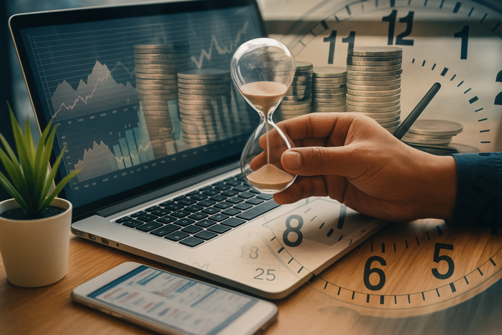 A close-up photo of a hand holding an hourglass over a laptop with financial charts, coins, and a large clock overlay, symbolizing time and money.