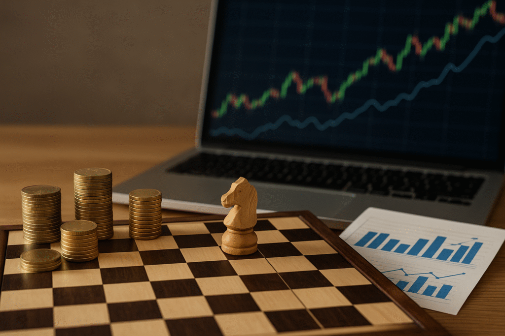Trading Strategy2 A chessboard with a knight piece mid-move, surrounded by stacks of gold coins and financial charts, with a laptop displaying a rising market graph in the background.