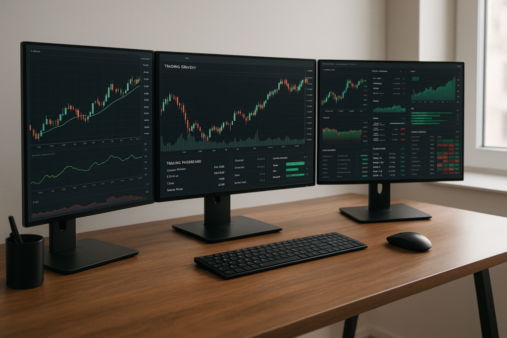 Trading monitors Modern trading desk with three monitors displaying live stock charts, indicators, and a trading dashboard, representing effective use of technology in trading.
