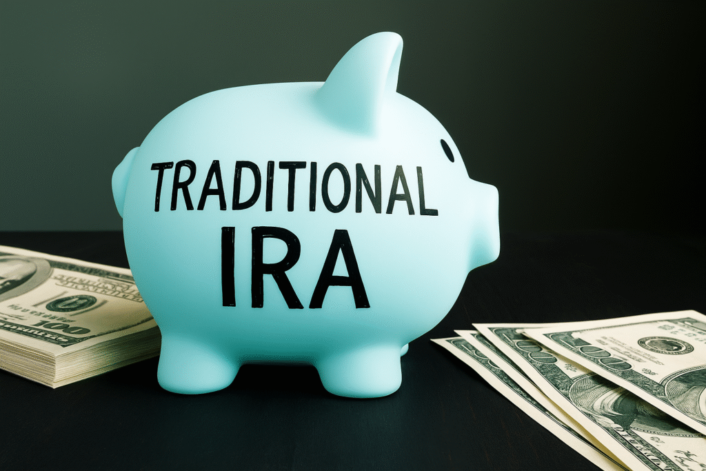 Traditional IRA A photorealistic, high-resolution image of a light blue ceramic piggy bank labeled "Traditional IRA" sitting on a dark wooden surface. Neatly stacked hundred-dollar bills are placed on both sides of the piggy bank, all illuminated by soft, natural light, creating a clean and professional visual for financial content. Shocking secrets about Traditional IRAs