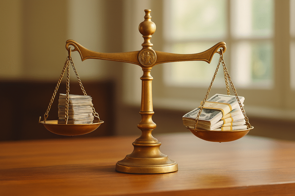 Traditional vs Other Retirement A photorealistic landscape image of antique brass balance scales set on a polished wooden desk. One pan holds a tall stack of white papers, while the other balances several neat bundles of U.S. $100 bills. Soft natural light from nearby windows bathes the scene, evoking a theme of financial judgment or value comparison.